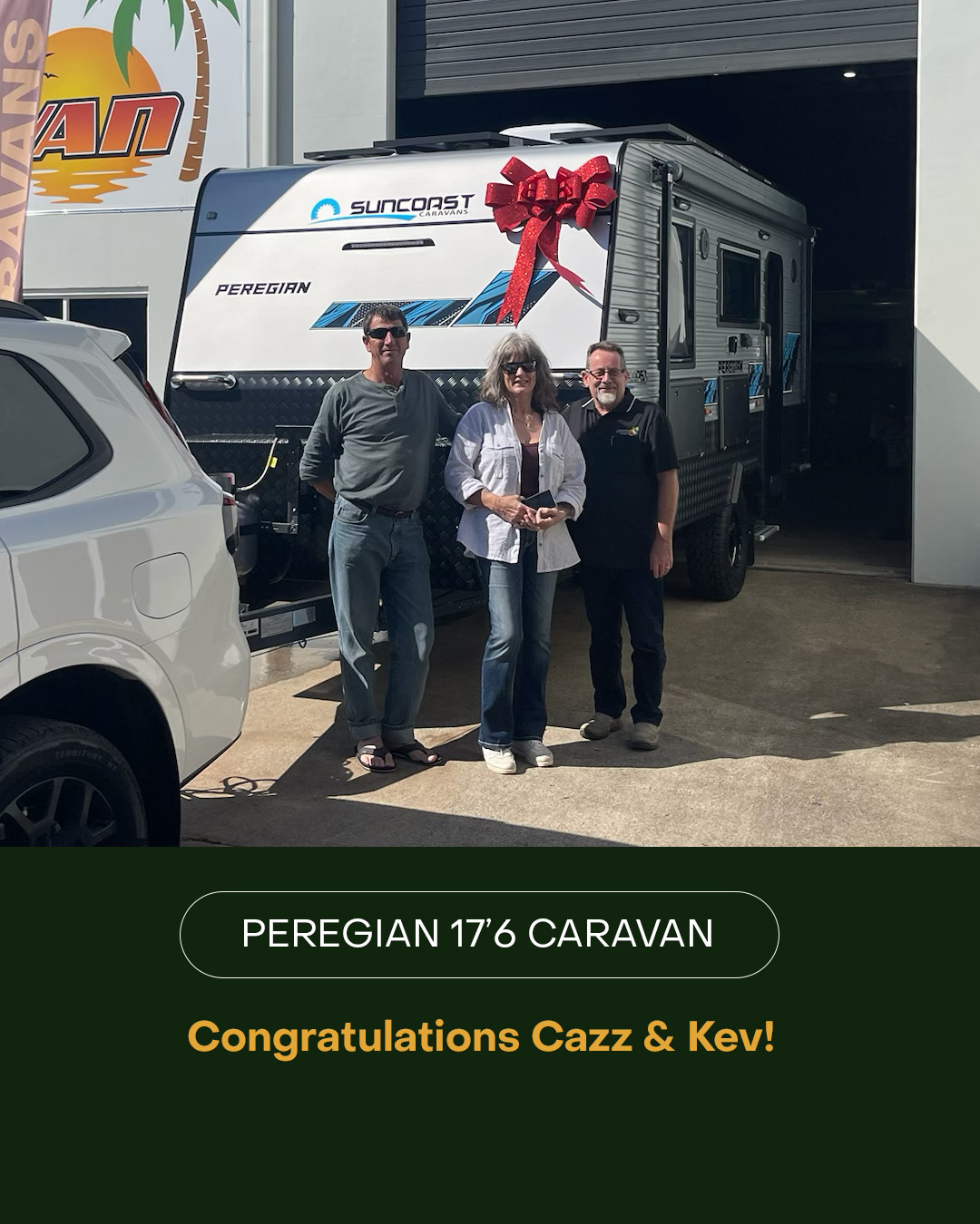 New caravan owners Cazz and Kev with Ian from Sunvan Caravan Sales