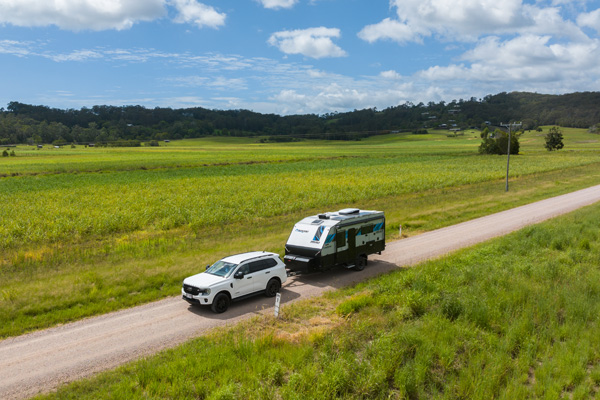 Marcoola caravan being towed on Sunshine Coast country road